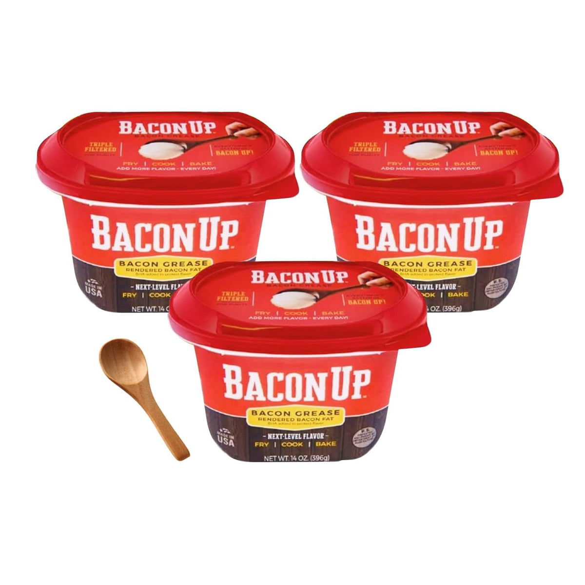 Bacon Up Bacon Grease 14 oz three-pack on shelf for easy meal prep