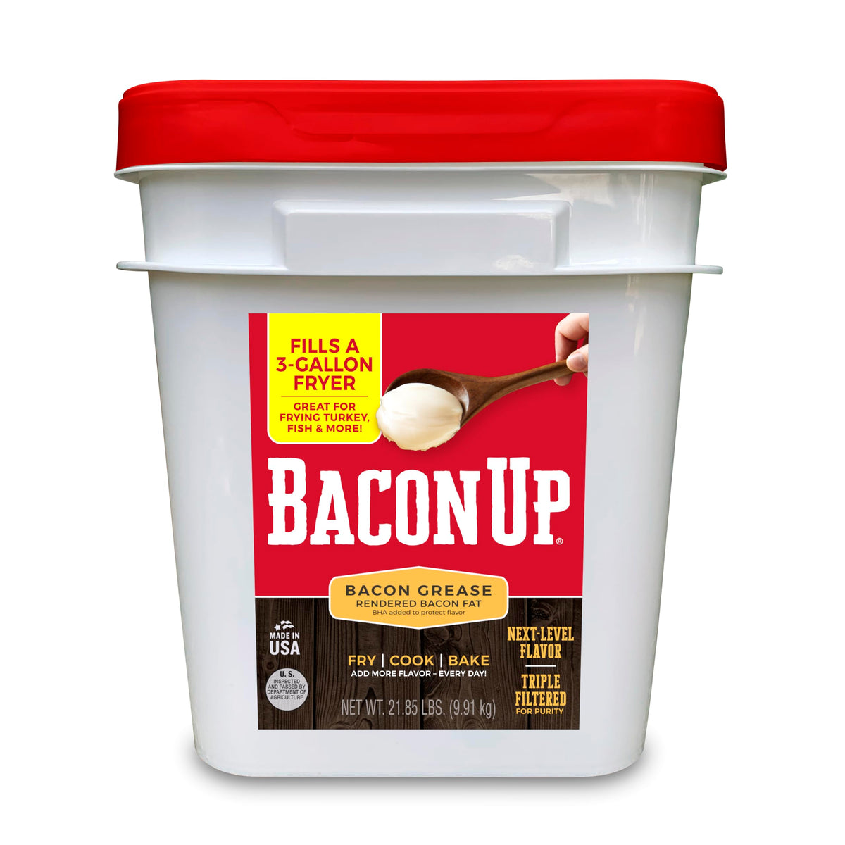 Bacon Up bacon grease tub close-up for rich frying and sautéing.