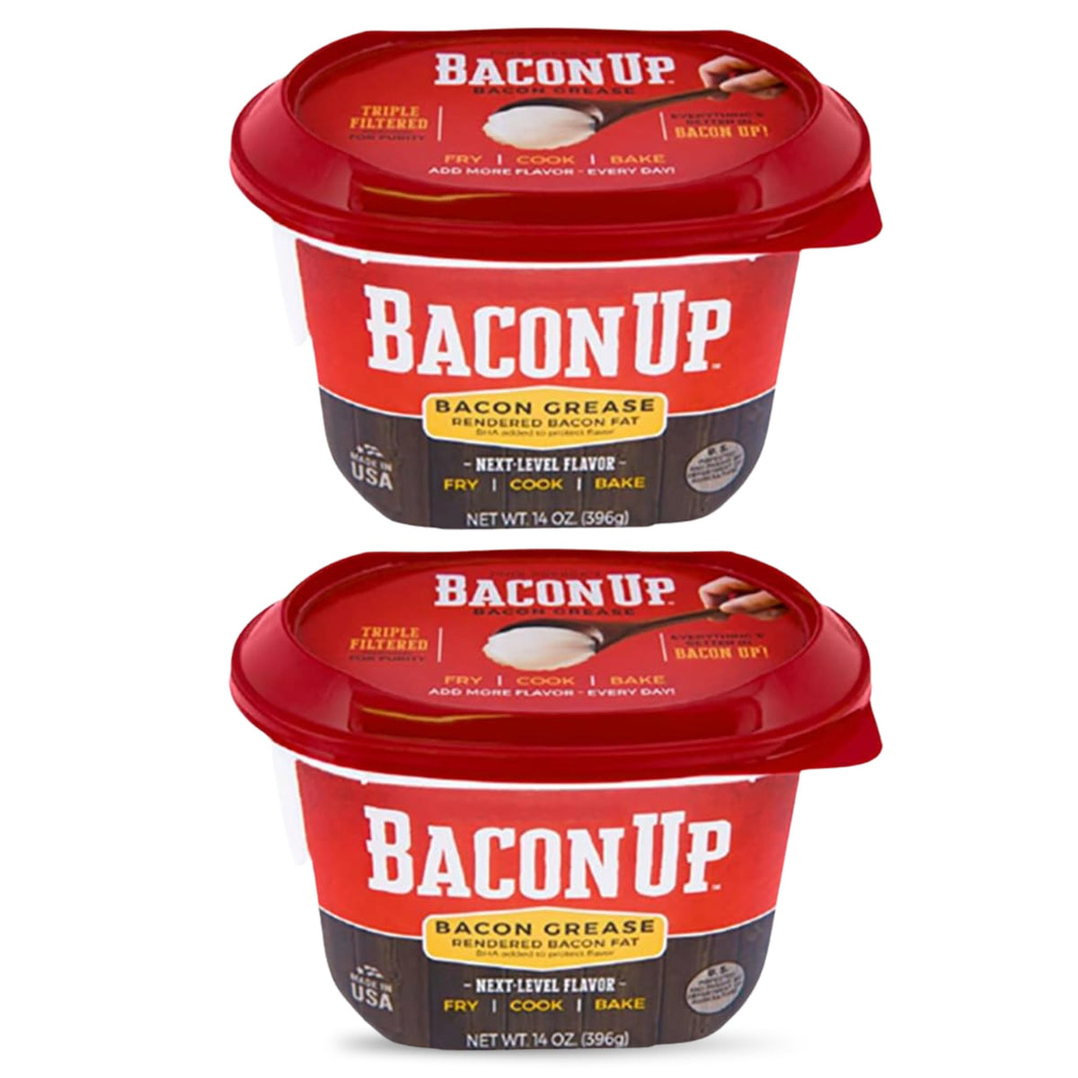 Bacon Up bacon grease tub on shelf, ready to flavor sautéed dishes.