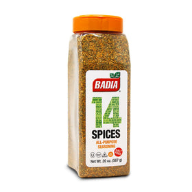 Badia 14 Spices salt-free seasoning bottle enhances meals with bold, salt-free flavor.