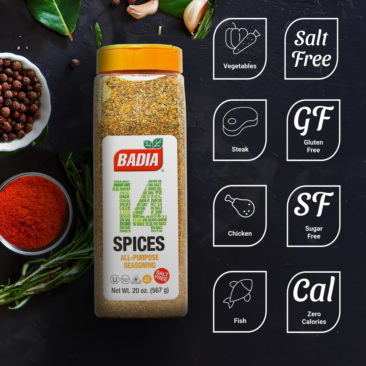 Badia 14 Spices salt-free seasoning closeup highlights fresh herbs and aromatic garlic.