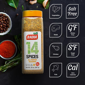 Badia 14 Spices salt-free seasoning closeup highlights fresh herbs and aromatic garlic.