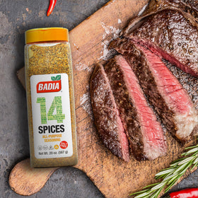 Badia 14 Spices salt-free seasoning meat dish use enhances savory notes in rubs.