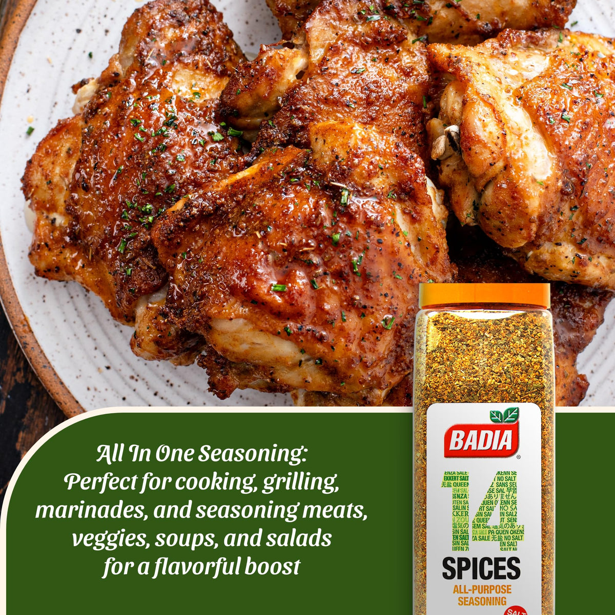 Badia 14 Spices salt-free seasoning shelf display suggests quick, convenient flavor for home cooks.