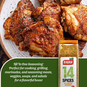Badia 14 Spices salt-free seasoning shelf display suggests quick, convenient flavor for home cooks.