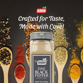 Badia black pepper grinder top view enhances table seasoning with fresh heat.