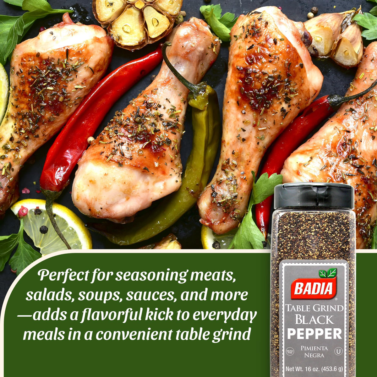 Badia Black Pepper Table Grind dispensing action for quick, fresh flavor.