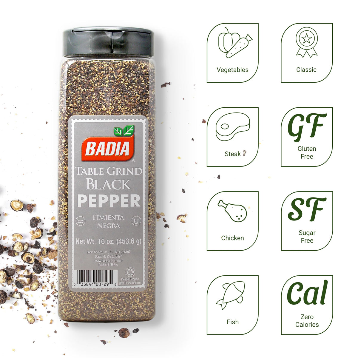 Badia Black Pepper Table Grind close-up of peppercorns showing premium quality.