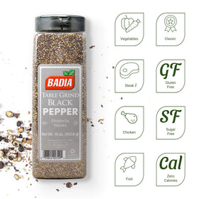 Badia Black Pepper Table Grind close-up of peppercorns showing premium quality.