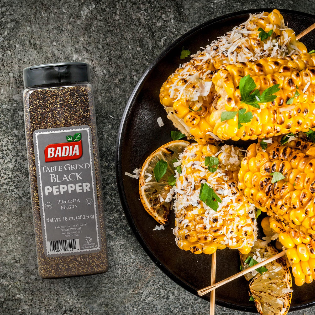 Badia Black Pepper Table Grind on meats and vegetables for bold seasoning.