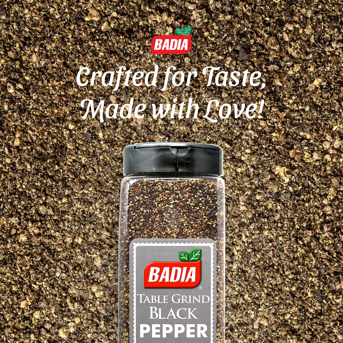Badia Black Pepper Table Grind over salads and sauces for aromatic kick.