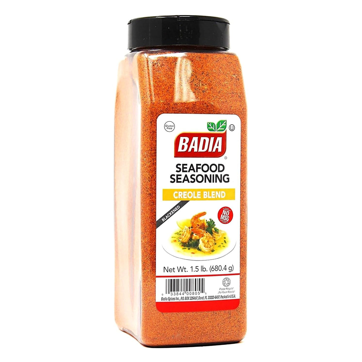 Badia Blackened Seafood Seasoning jar closeup highlights bold Creole flavor.
