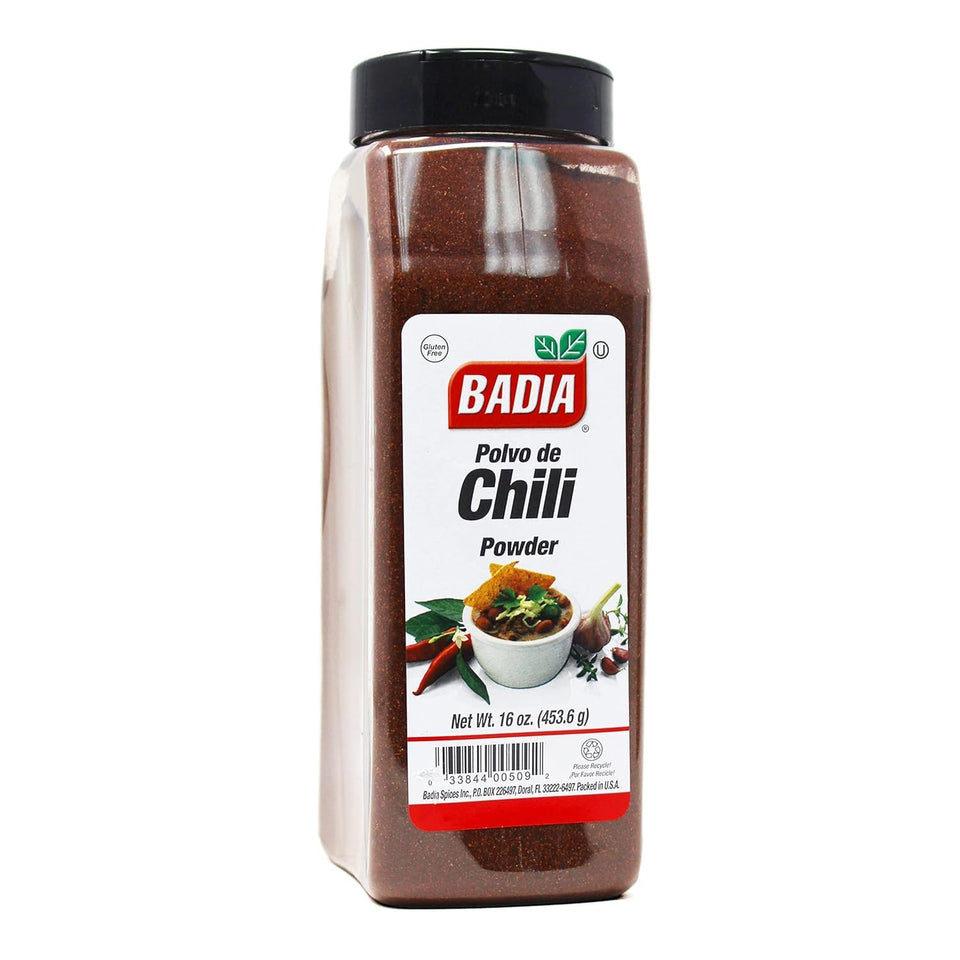 Badia chili powder bottle shows bold, smoky seasoning ideal for tacos, chili, and stews.