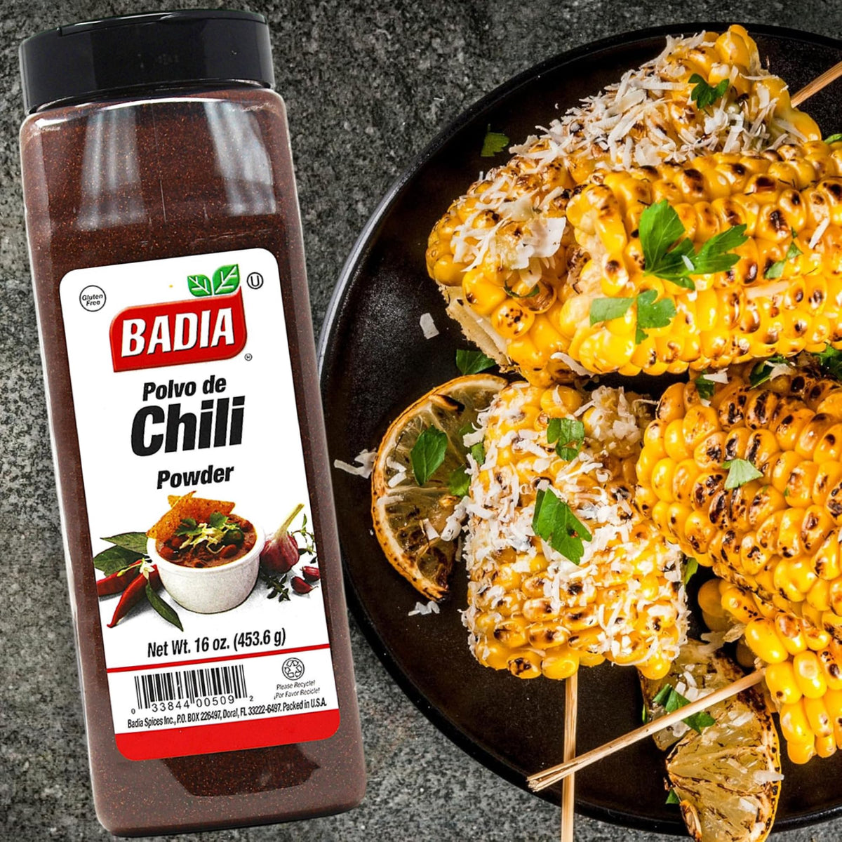 Badia chili powder label closeup highlights garlic, cumin, paprika notes for versatile cooking.