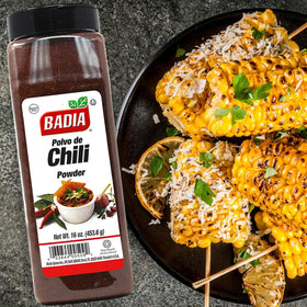 Badia chili powder label closeup highlights garlic, cumin, paprika notes for versatile cooking.