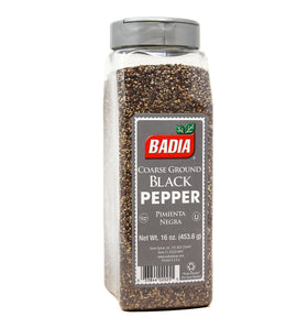 Badia coarse ground black pepper in a 16 oz bottle for bold steaks and everyday seasoning.