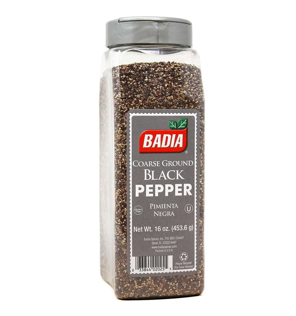 Badia coarse ground black pepper in a 16 oz bottle for bold steaks and everyday seasoning.
