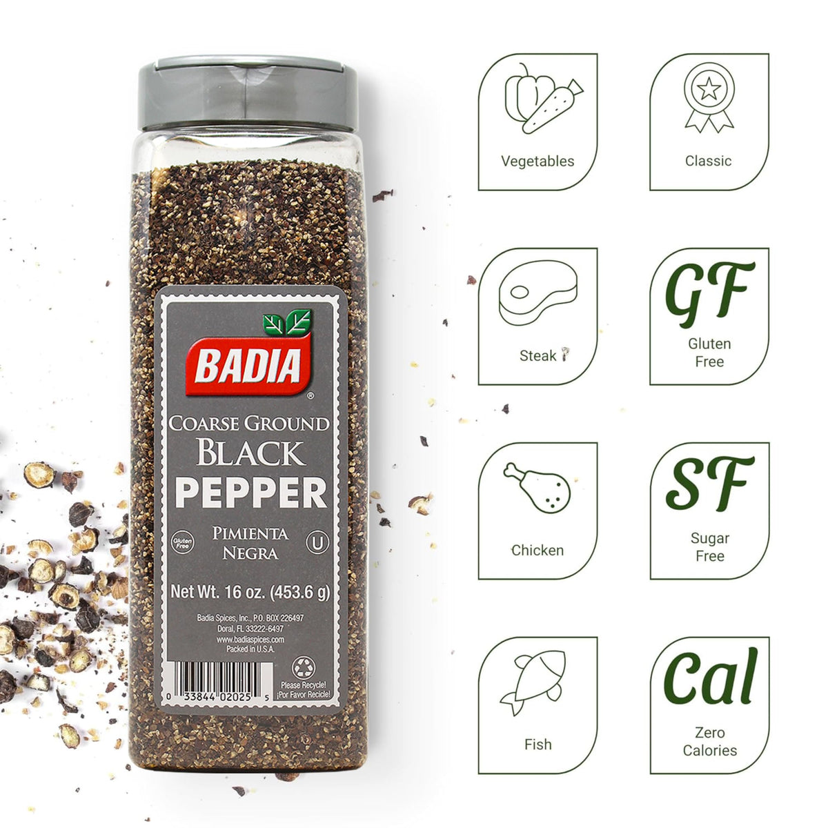 Closeup of Badia coarse ground pepper grains showing larger granules.