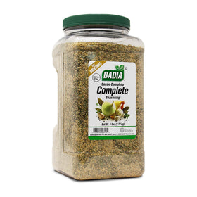 Badia Complete Seasoning jar—versatile spice blend for meats and veggies, enhancing depth with garlic and herbs.
