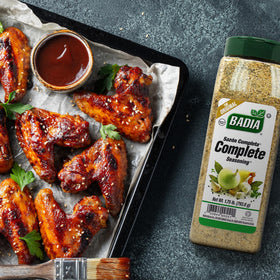 Close-up of Badia Complete Seasoning blend with garlic and herbs