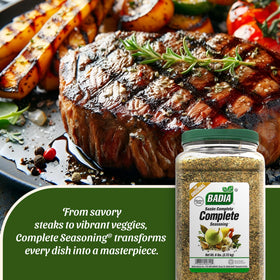 Badia Complete Seasoning with garlic, onion, herbs—perfect for enriching soups, sauces, and vegetables.