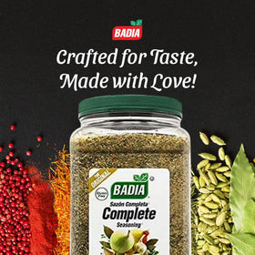 Bulk display of Badia Complete Seasoning on the kitchen counter for easy access.
