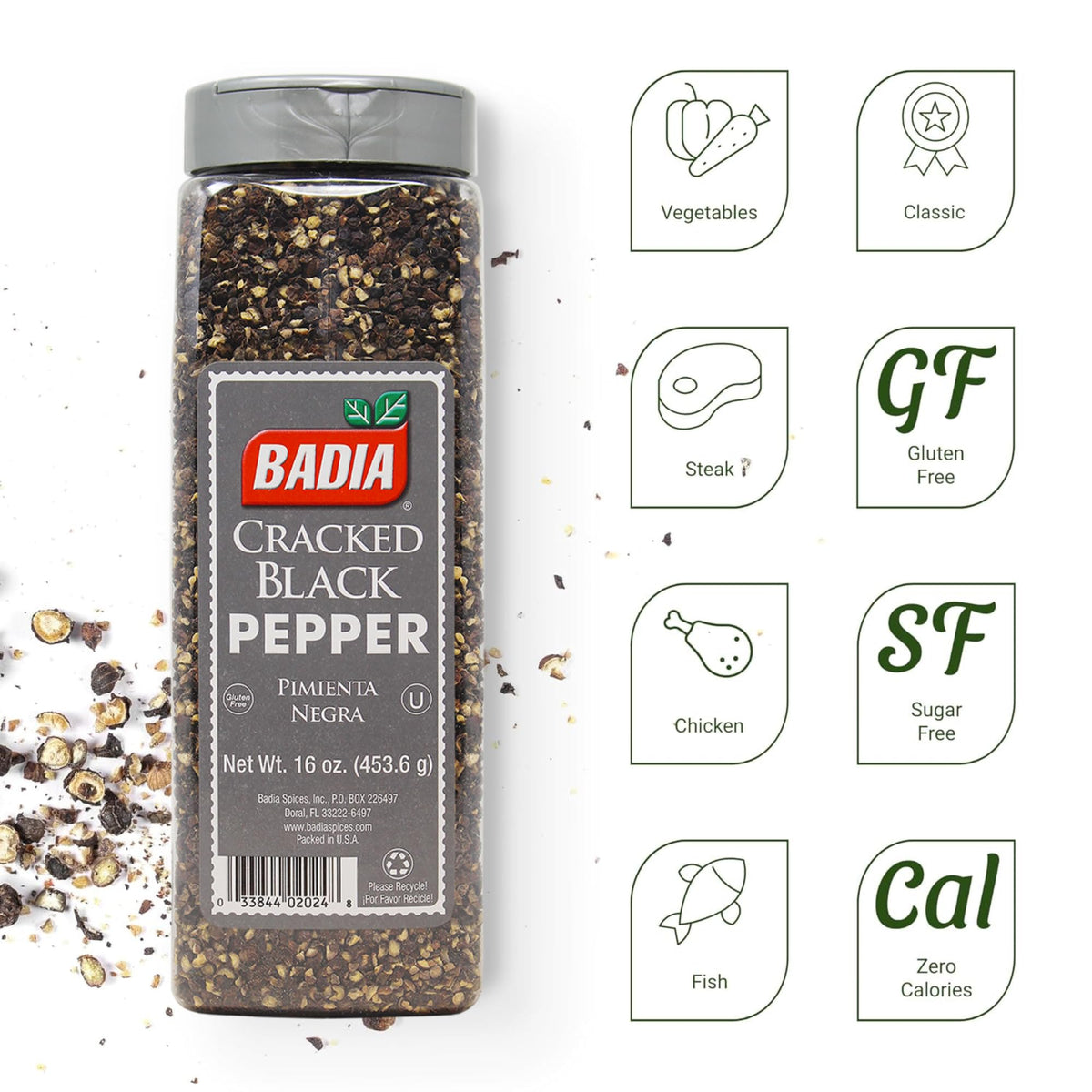 Closeup of Badia cracked black pepper grains for texture in dishes
