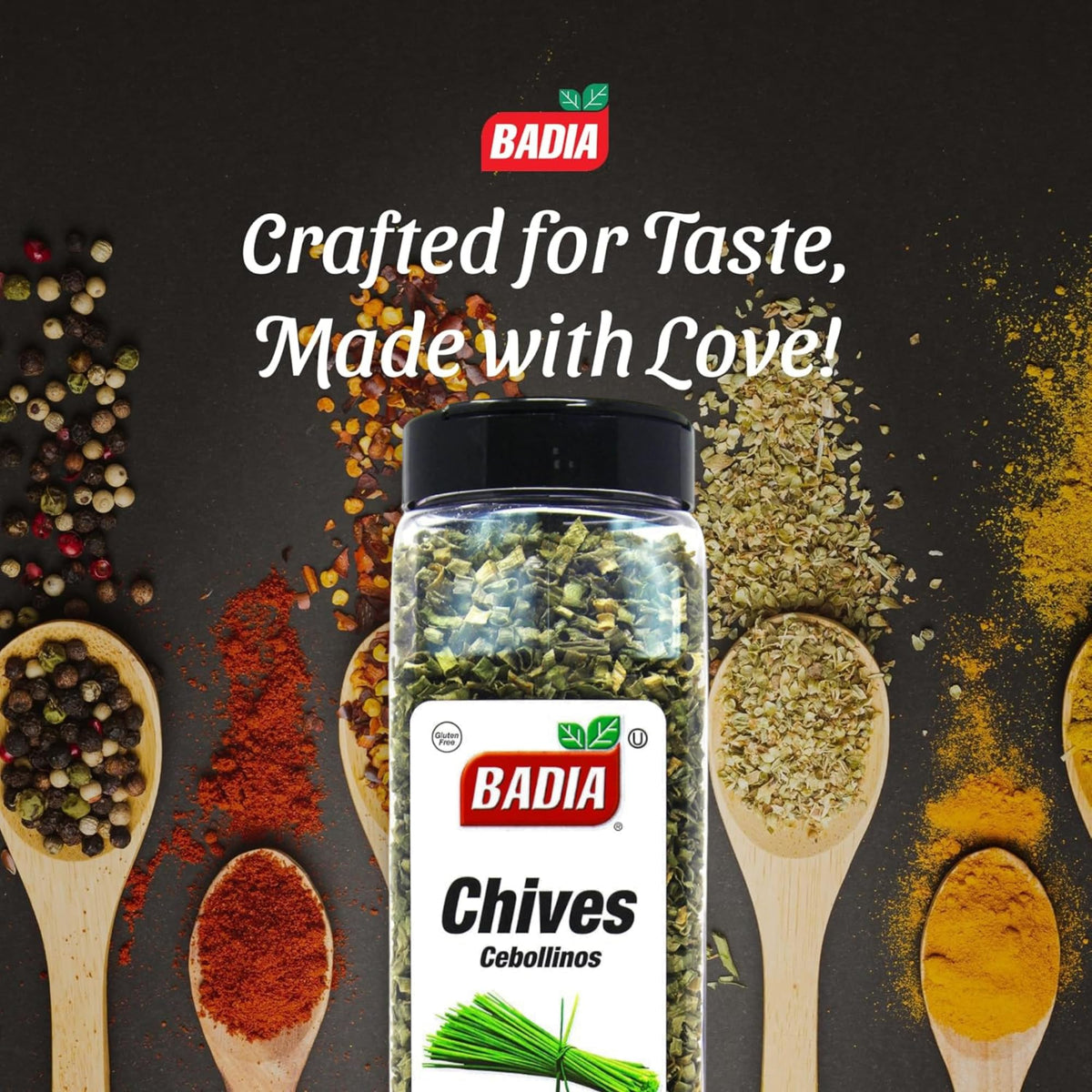 Close-up of Badia chives flakes ready to season meals
