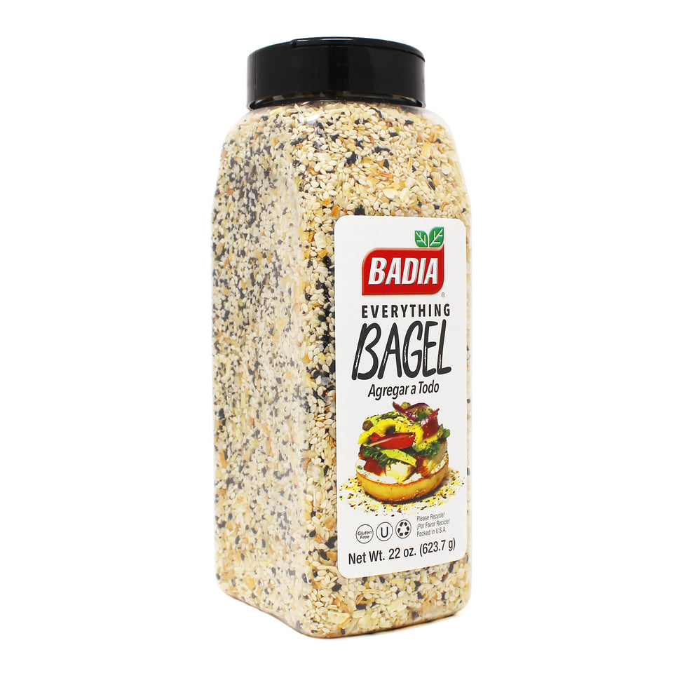 Badia Everything Bagel Seasoning bottle front, pantry staple for bold flavor.
