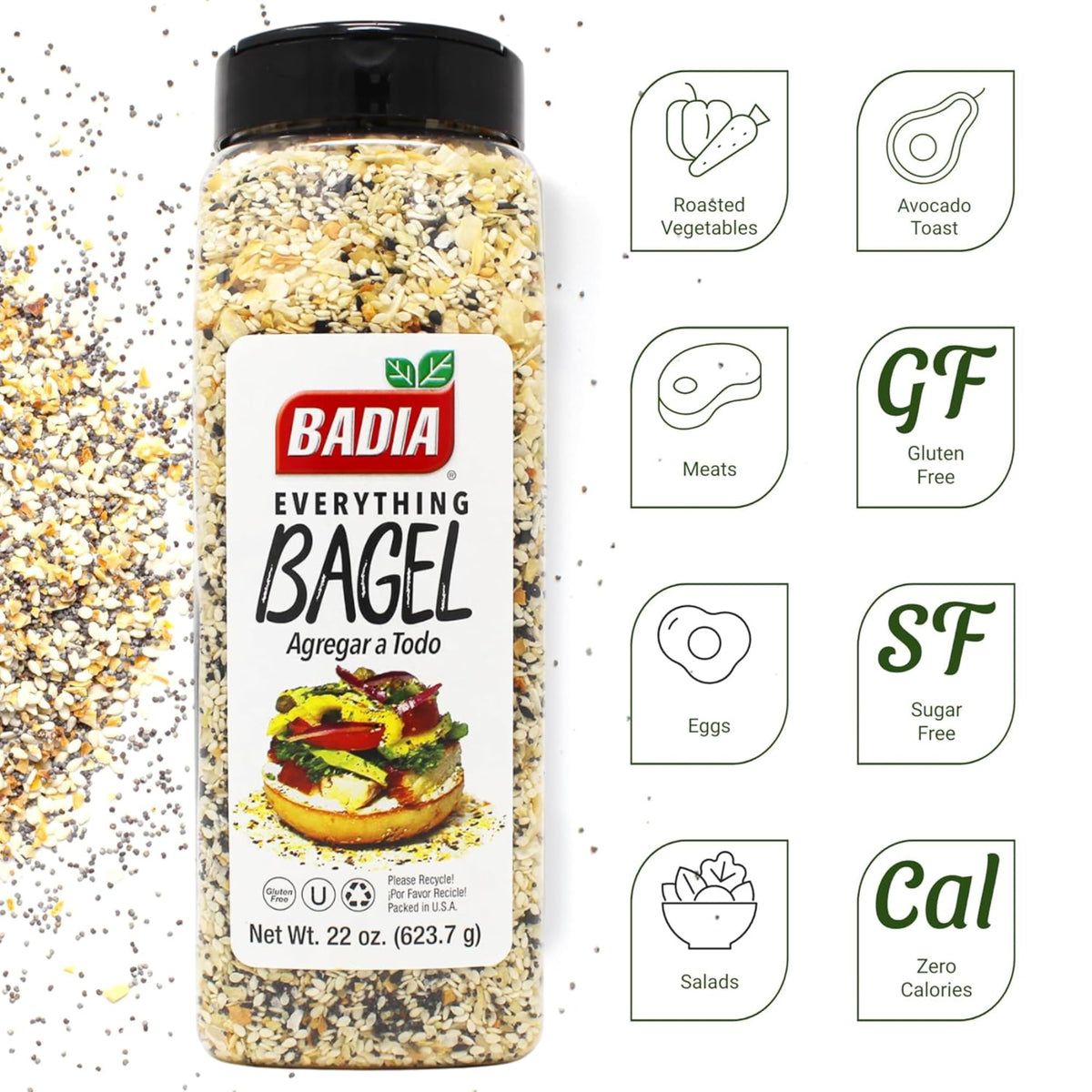 Badia Everything Bagel Seasoning bottle pours smoothly for quick flavor boosts.