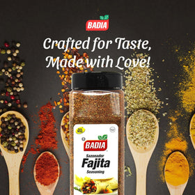 Close-up of Badia Fajita Seasoning spice blend highlighting smoky paprika and robust herbs