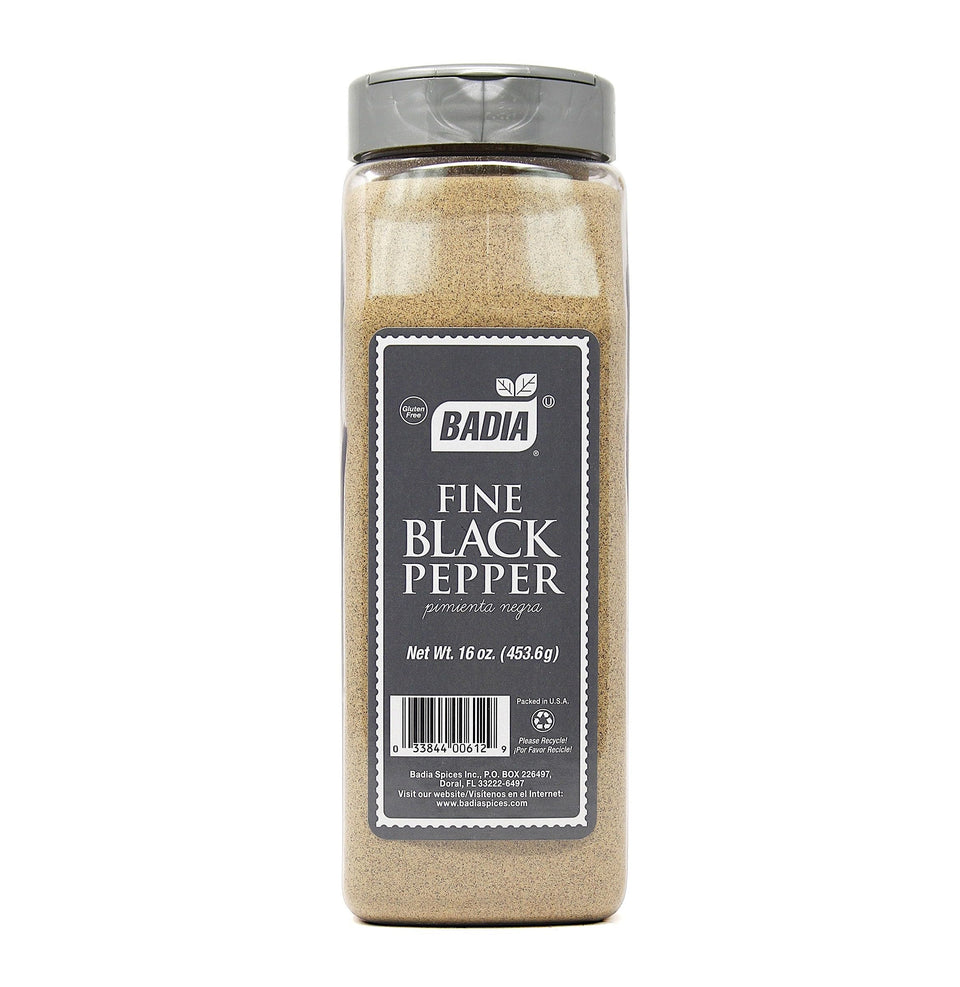 Badia fine ground black pepper jar highlights bold aroma for meats and sauces.