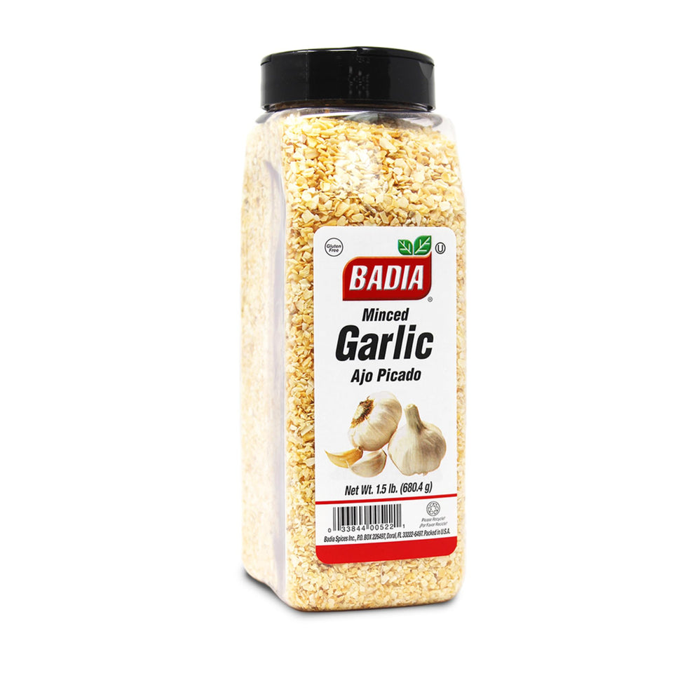 Badia garlic minced bottle front label showing all-natural, non-GMO seasoning.