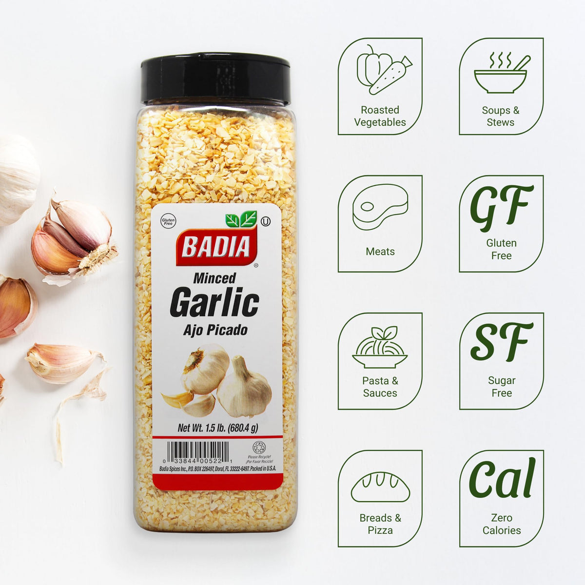 Badia garlic minced jar close-up showing dehydrated crystals for rich aroma in cooking.