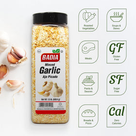 Badia garlic minced jar close-up showing dehydrated crystals for rich aroma in cooking.