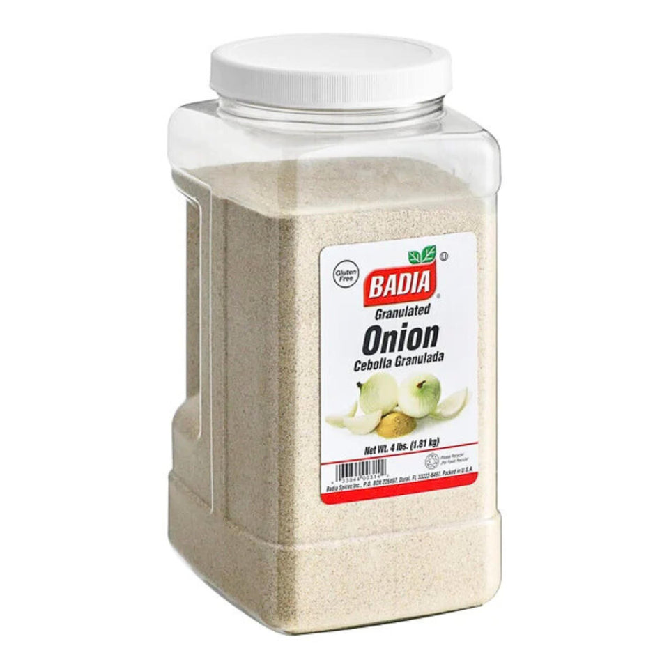 Badia Granulated Onion 4lb container for quick, mess-free seasoning in large batches.