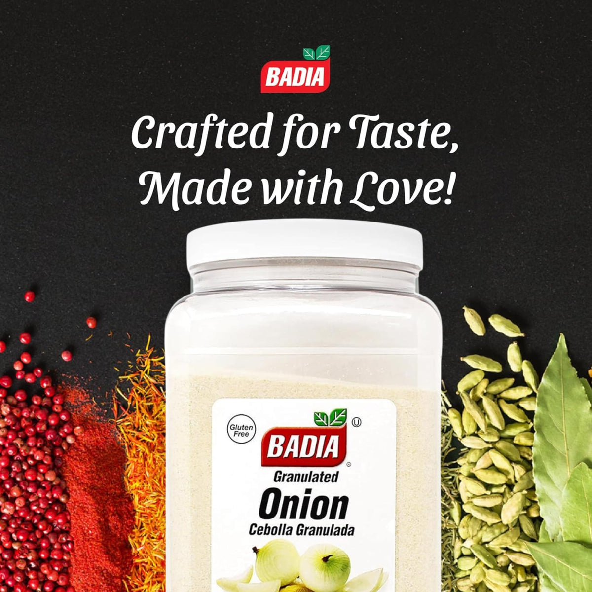 Badia Granulated Onion label close-up shows pantry-friendly bulk size.