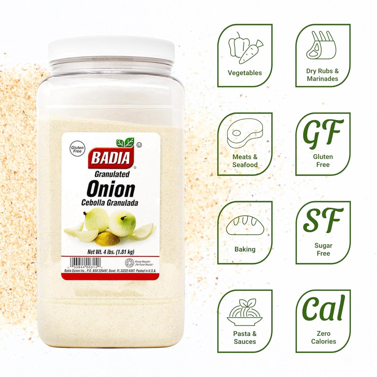 Badia Granulated Onion poured over a pan for fast, even flavor infusion.