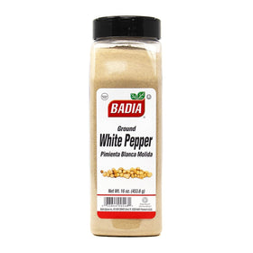 Badia ground white pepper bottle adds refined heat to light sauces.