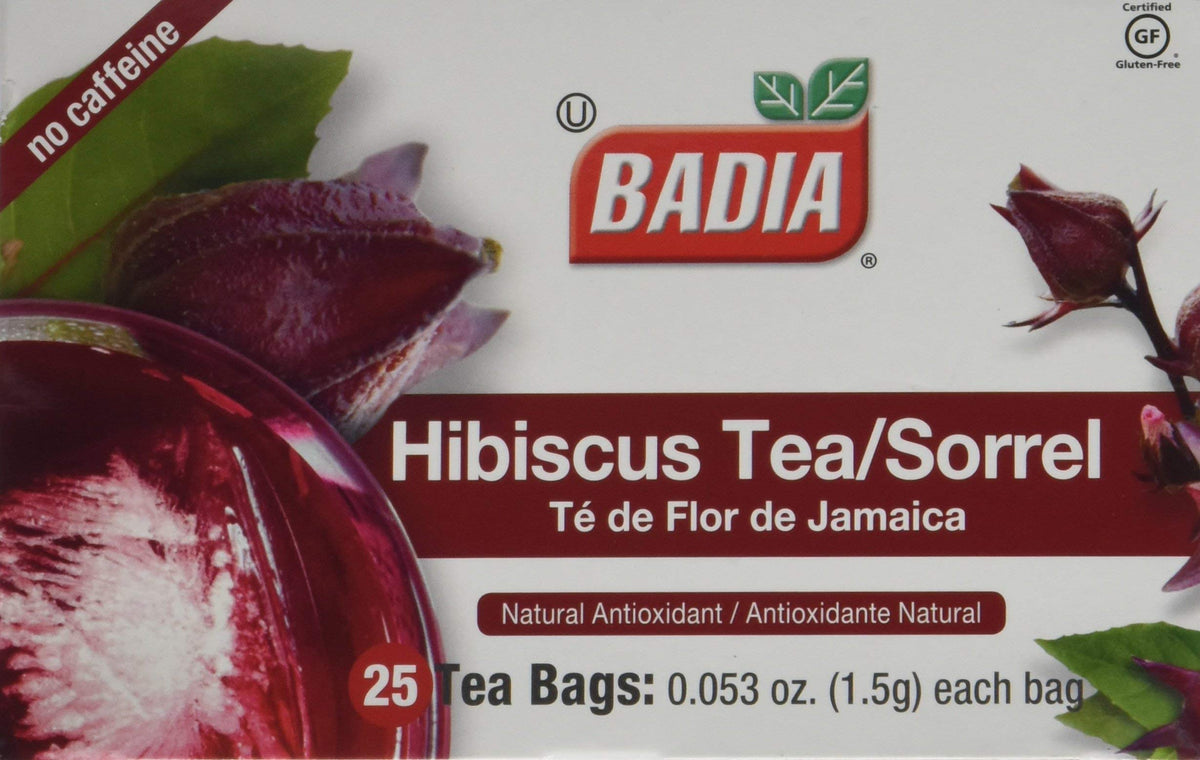 Badia hibiscus tea pack front with two boxes for convenient daily brewing.