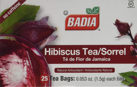 Badia hibiscus tea pack front with two boxes for convenient daily brewing.