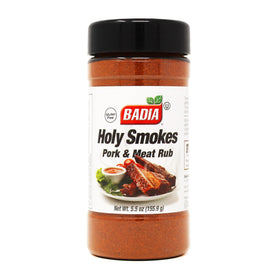 Badia Holy Smokes pork rub bottle with rich smoky aroma for grilling