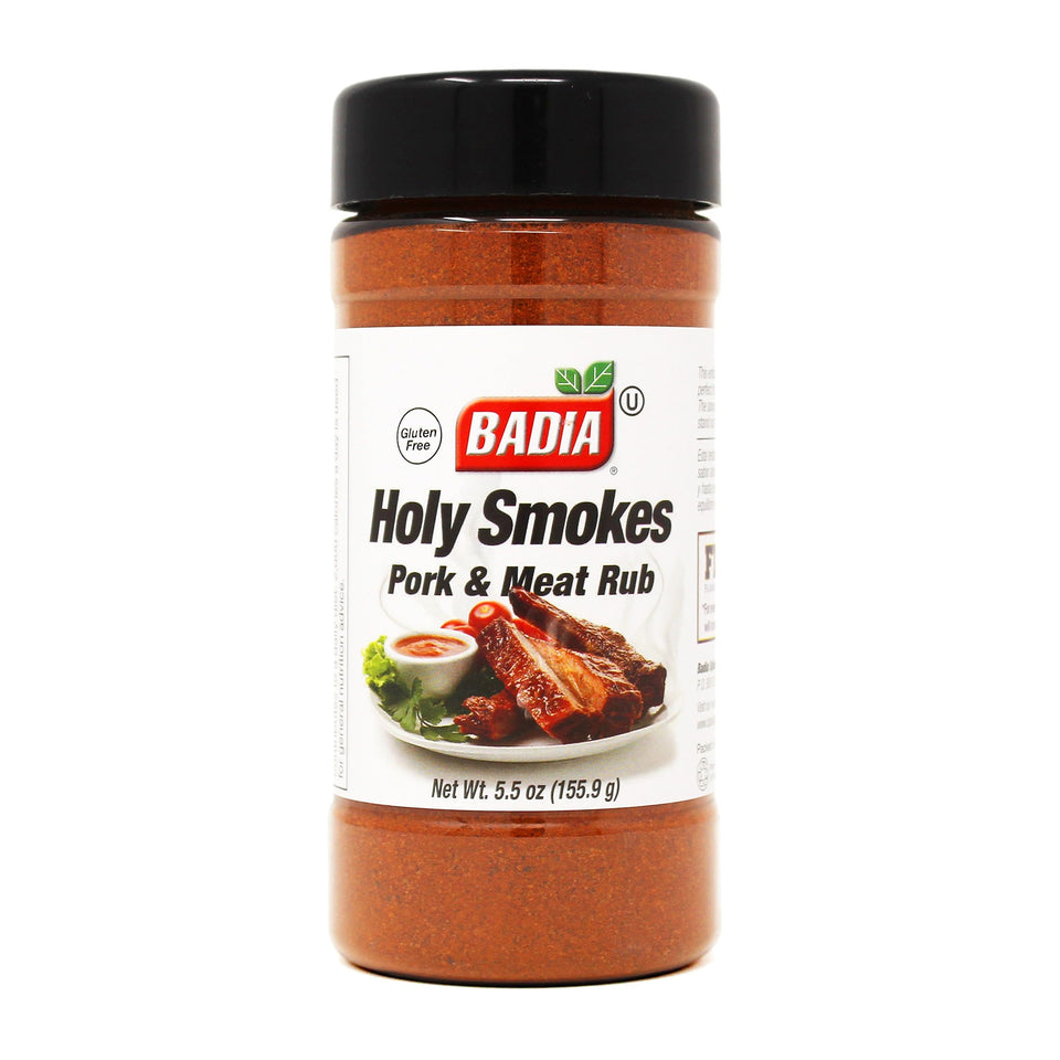 Badia Holy Smokes pork rub bottle with rich smoky aroma for grilling