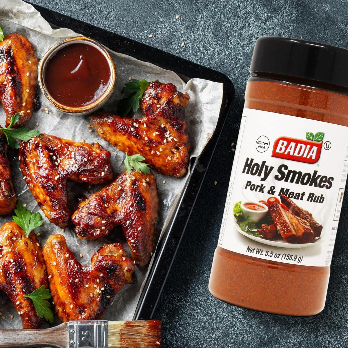Badia Holy Smokes jar close-up shows versatile seasoning for meats