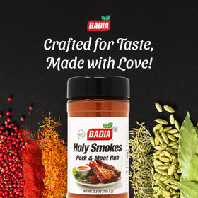 Badia Holy Smokes rub being poured, ideal for slow cooking