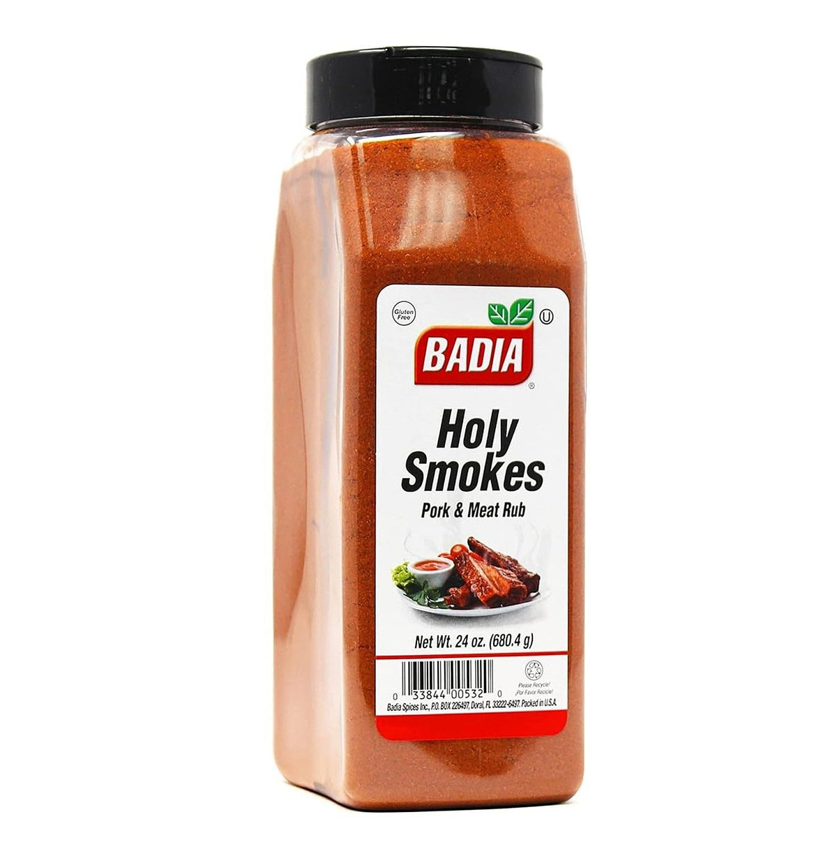 Badia Holy Smokes Pork & Meat Rub bottle showing rich hickory-smoky aroma for grilling