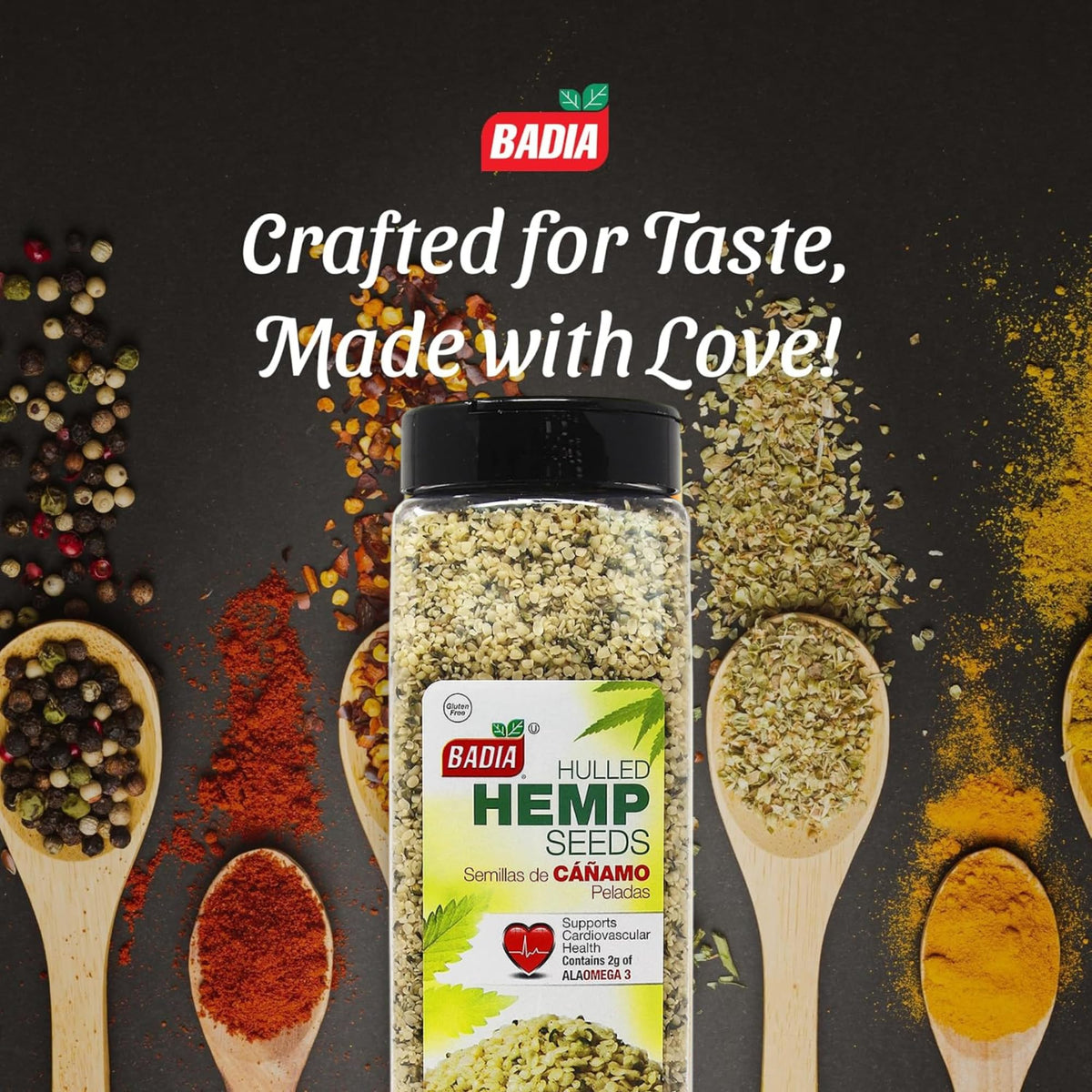 Badia hulled hemp seeds in a bowl, ready to sprinkle on yogurt for protein-rich toppings.