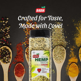 Badia hulled hemp seeds in a bowl, ready to sprinkle on yogurt for protein-rich toppings.