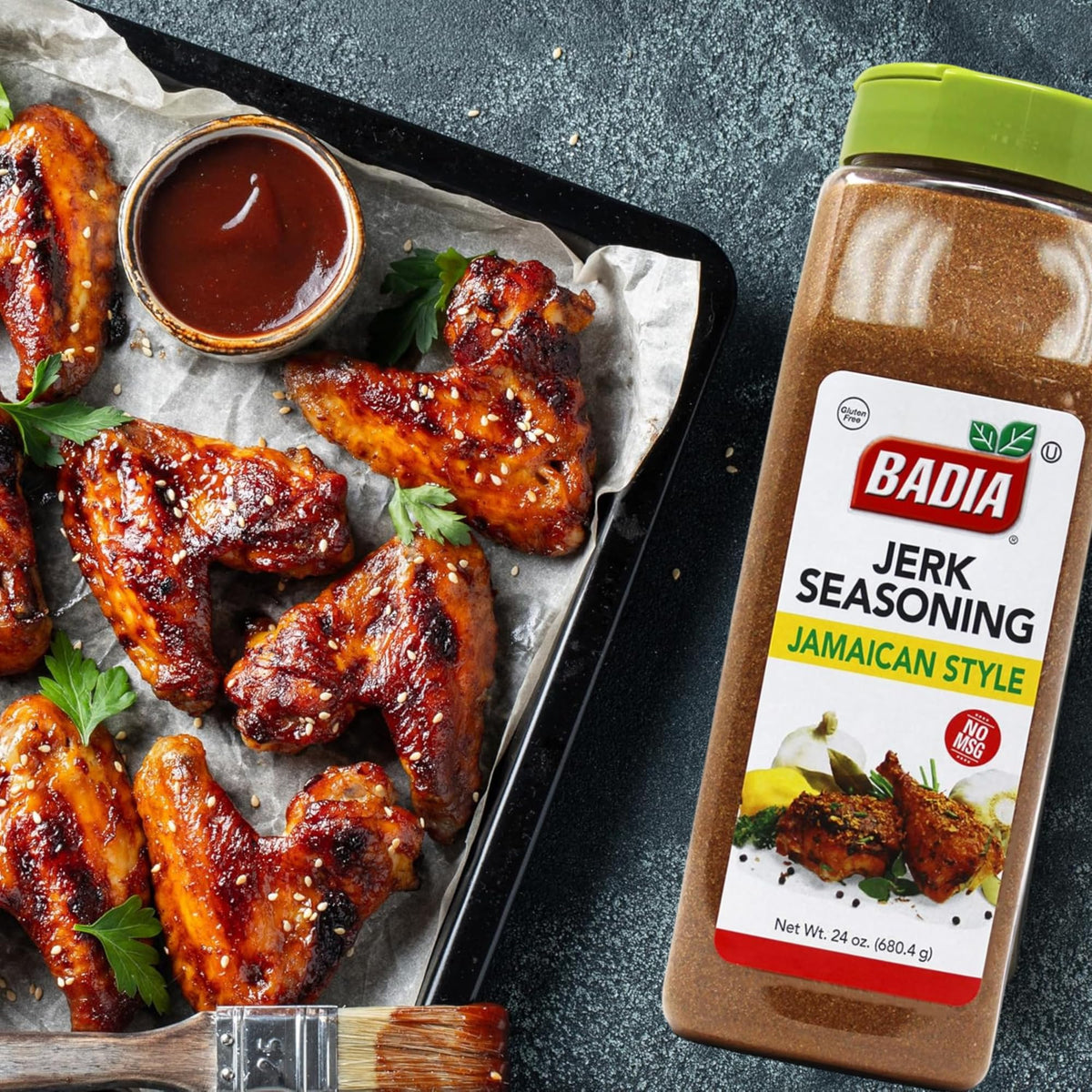 Badia Jerk Seasoning dry rub application shows convenient seasoning for meats.