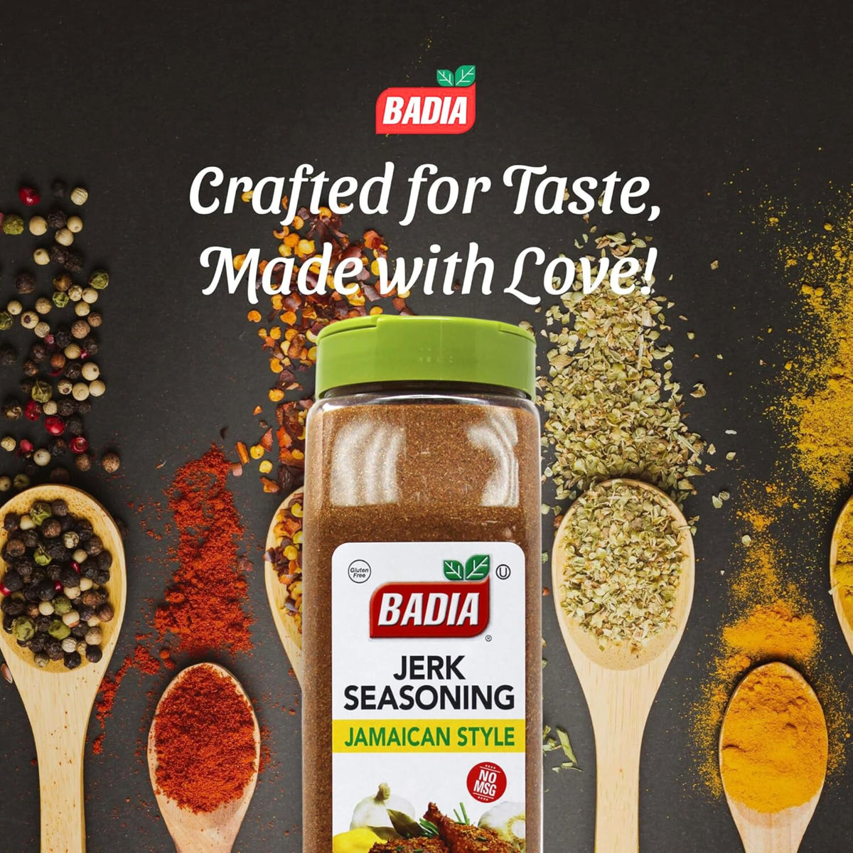 Badia Jerk Seasoning jar label closeup highlighting gluten-free, no MSG features.